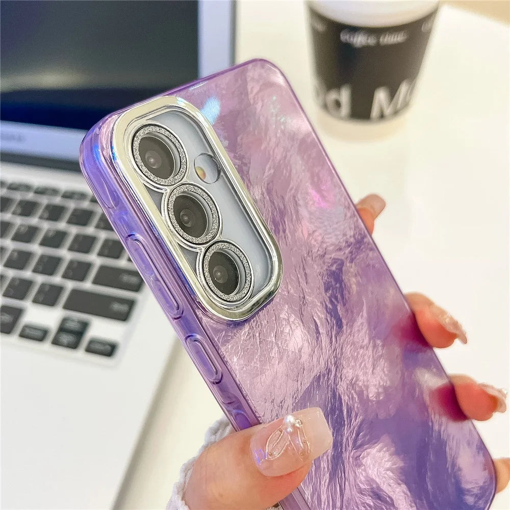 For Samsung Galaxy A36 5G / A56 5G Case IMD Design Shockproof PC+TPU Phone Cover with Glass Lens Film - Wrinkle Pattern / Pink - 4