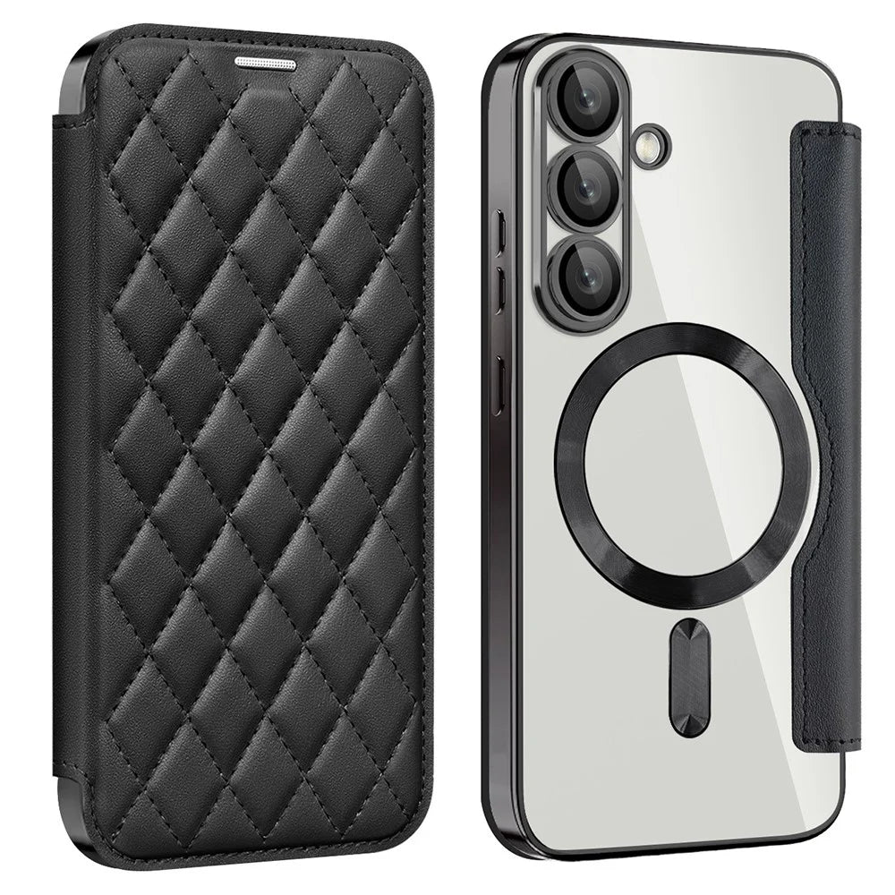 For Samsung Galaxy S25+ Magnetic Case Rhombus PU Leather Phone Cover - Black - 1