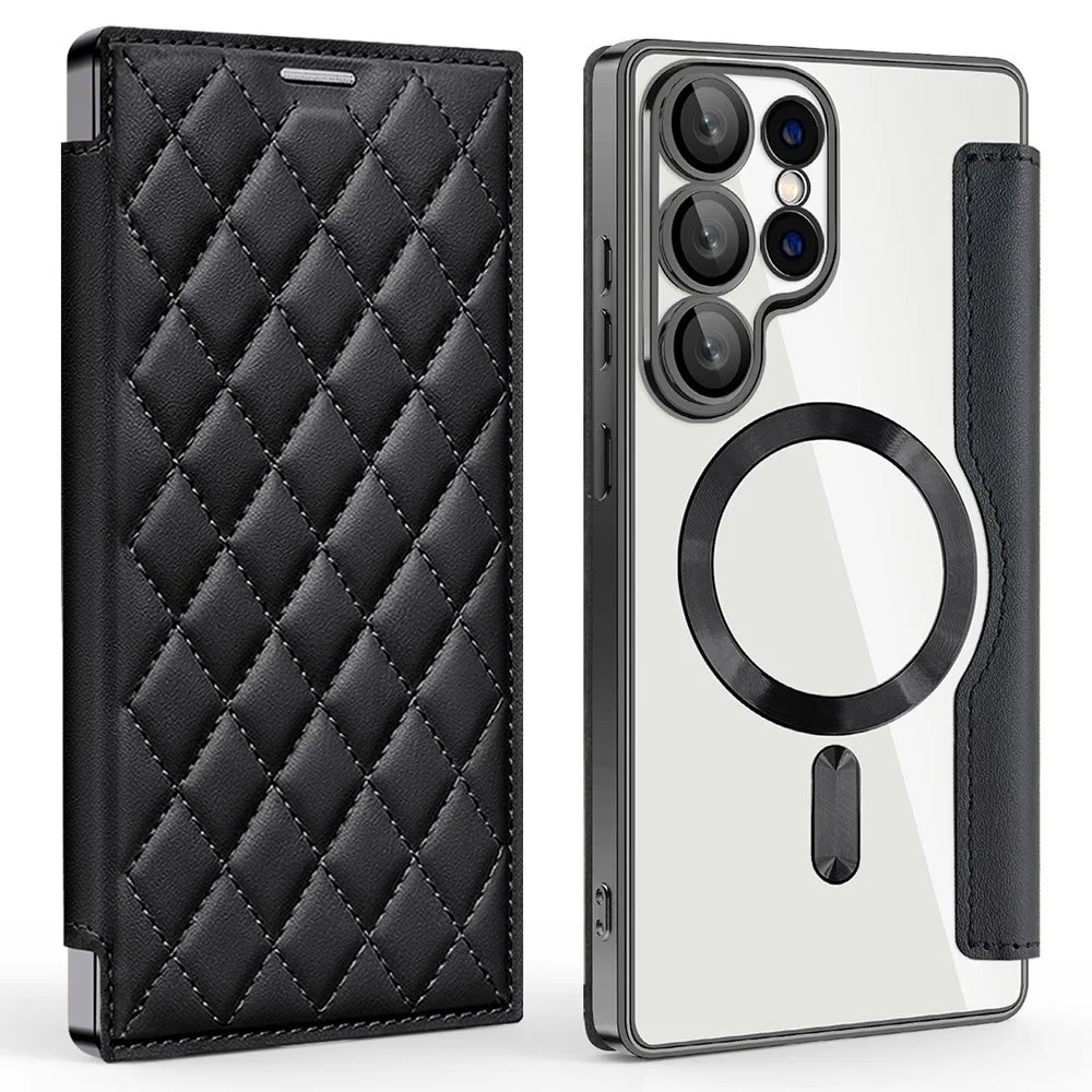 For Samsung Galaxy S25 Ultra Magnetic Case Rhombus PU Leather Phone Cover - Black - 1