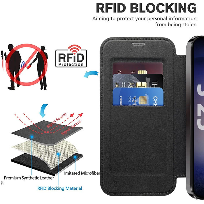 For Samsung Galaxy S25 Magnetic Case RFID Blocking Leather Phone Cover - Black - 3