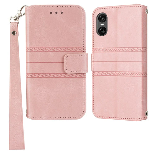 For Sony Xperia 10 VI Case Wallet Skin-Touch Leather Imprinted Phone Cover - Pink - 1