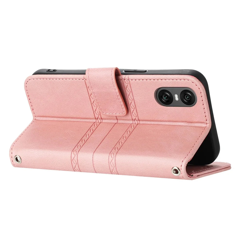 For Sony Xperia 10 VI Case Wallet Skin-Touch Leather Imprinted Phone Cover - Pink - 3