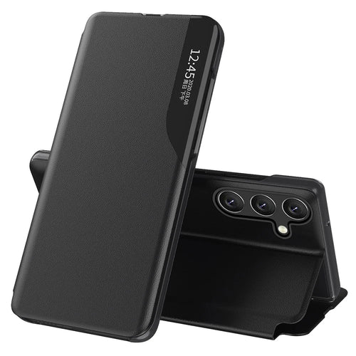 For Samsung Galaxy S25 Case View Window PU Leather Stand Cover - Black - 1