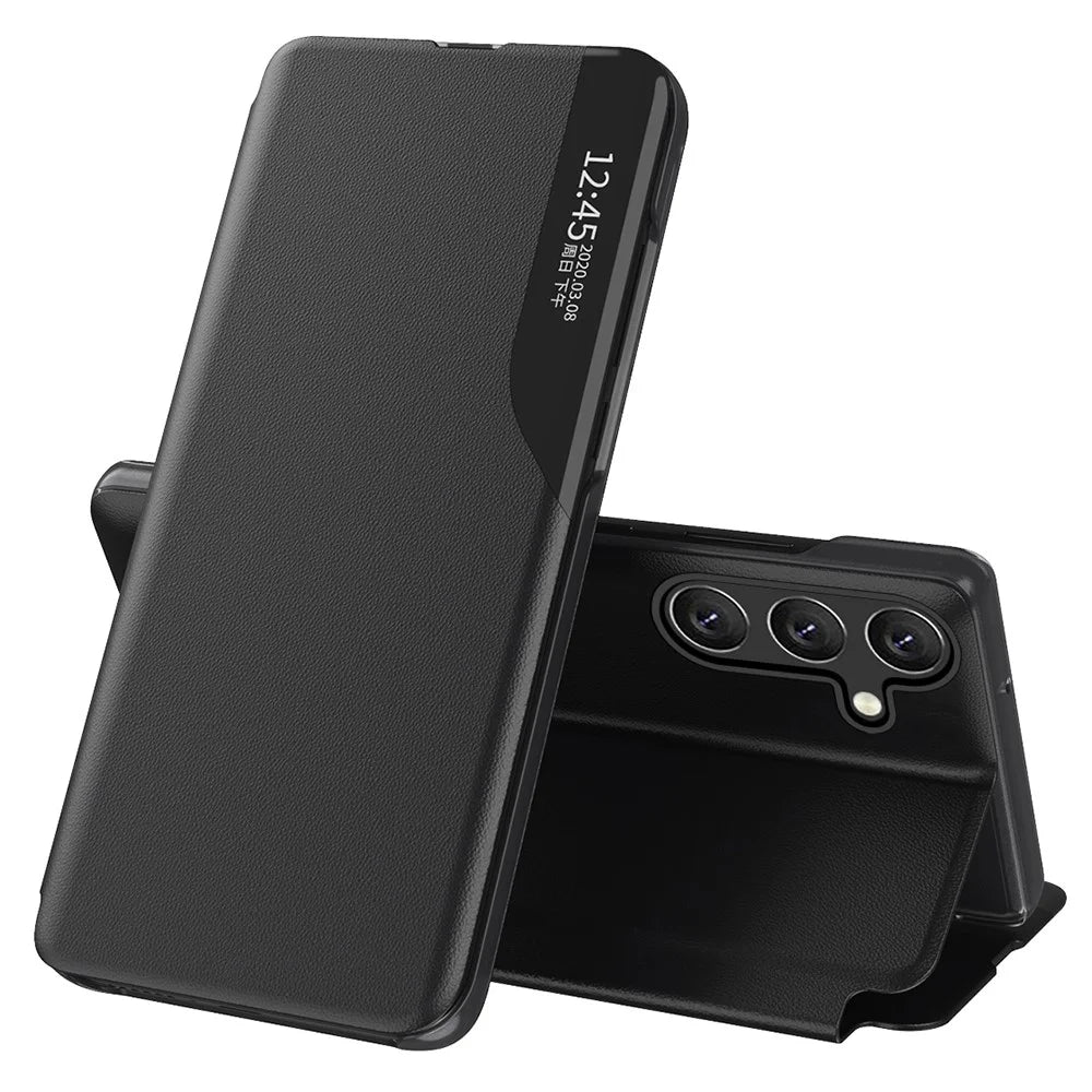 For Samsung Galaxy S25 Case View Window PU Leather Stand Cover - Black - 1