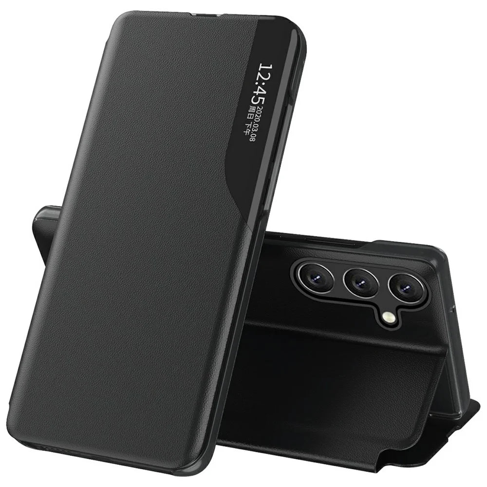 For Samsung Galaxy S25+ Case View Window PU Leather Stand Cover - Black - 1
