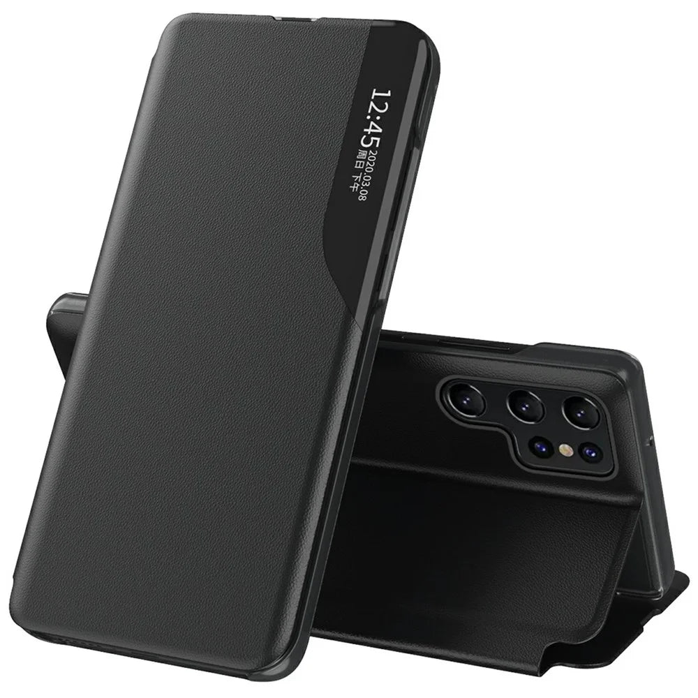 For Samsung Galaxy S25 Ultra Case View Window PU Leather Stand Cover - Black - 1