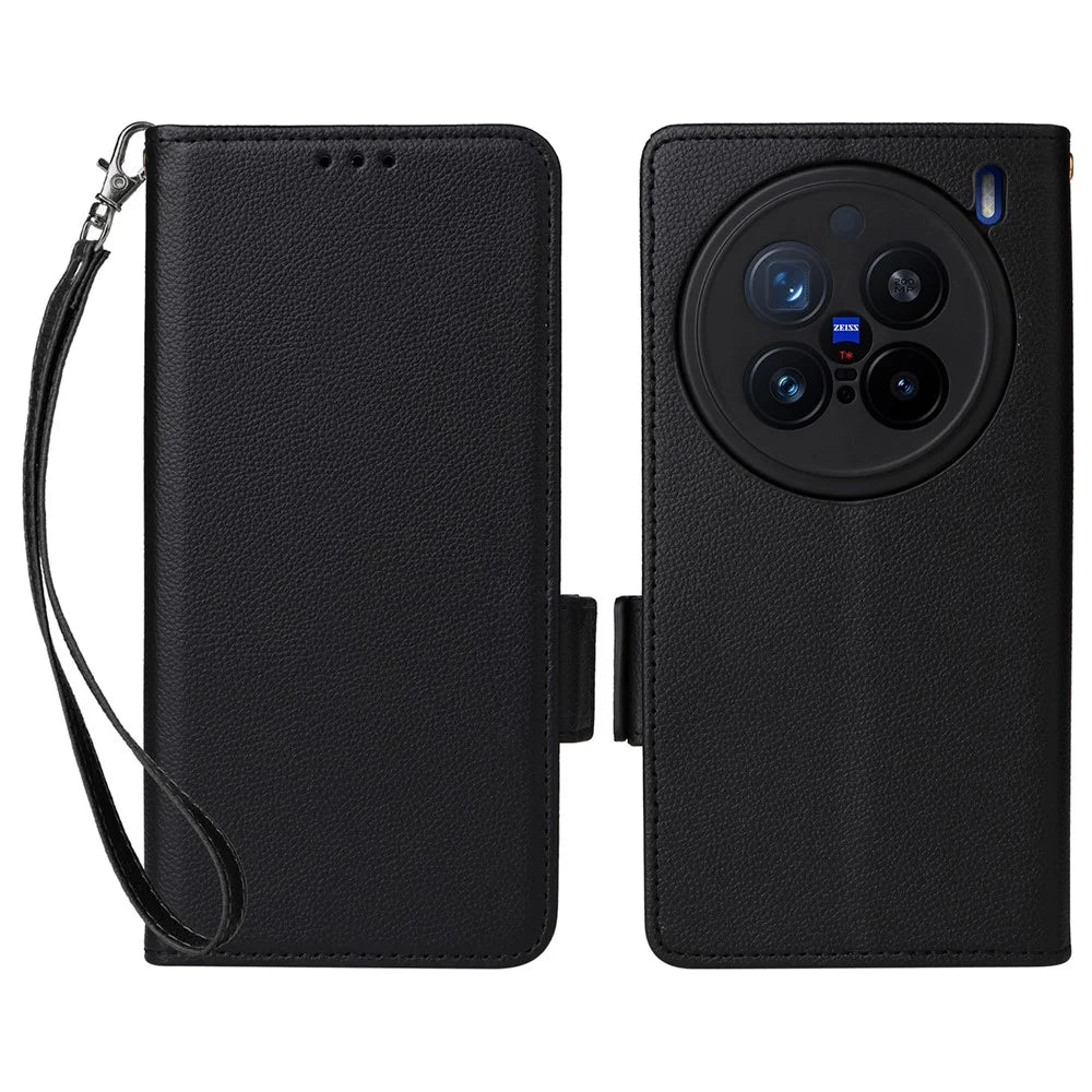 For vivo X200 Pro 5G Case with Wrist Strap Litchi Texture PU Leather Wallet Phone Cover - Black - 1
