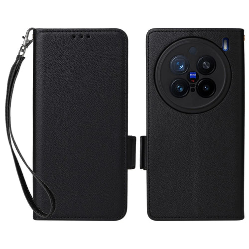 For vivo X200 Pro 5G Case with Wrist Strap Litchi Texture PU Leather Wallet Phone Cover - Black - 1