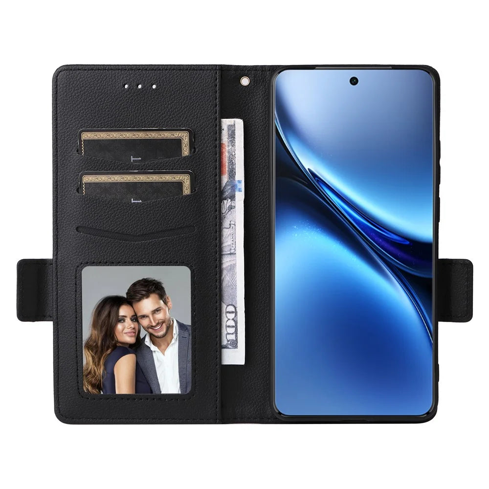 For vivo X200 Pro 5G Case with Wrist Strap Litchi Texture PU Leather Wallet Phone Cover - Black - 2