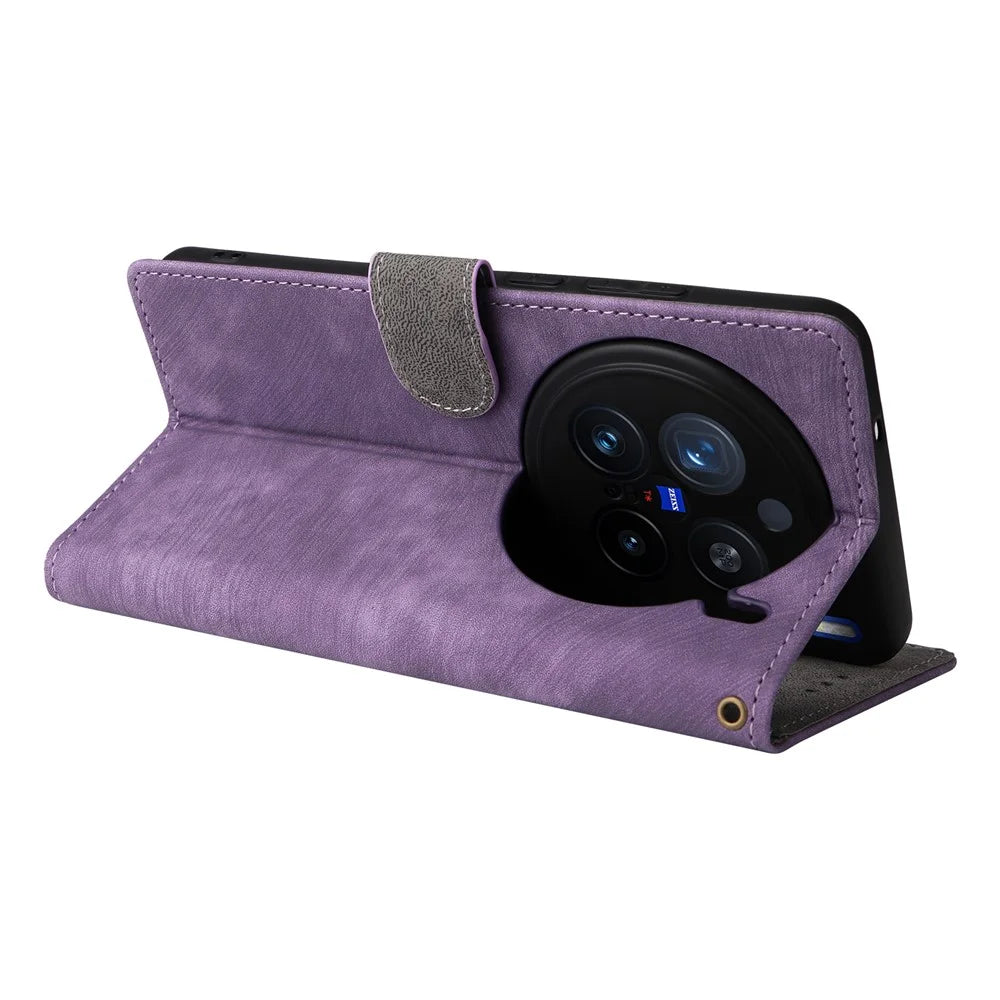 For vivo X200 Pro 5G Wallet Phone Case RFID Blocking PU Leather Flip Cover Stand View - Purple - 4