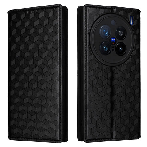 For vivo X200 Pro 5G Wallet Case Rhombus Imprinted Leather Phone Cover - Black - 1