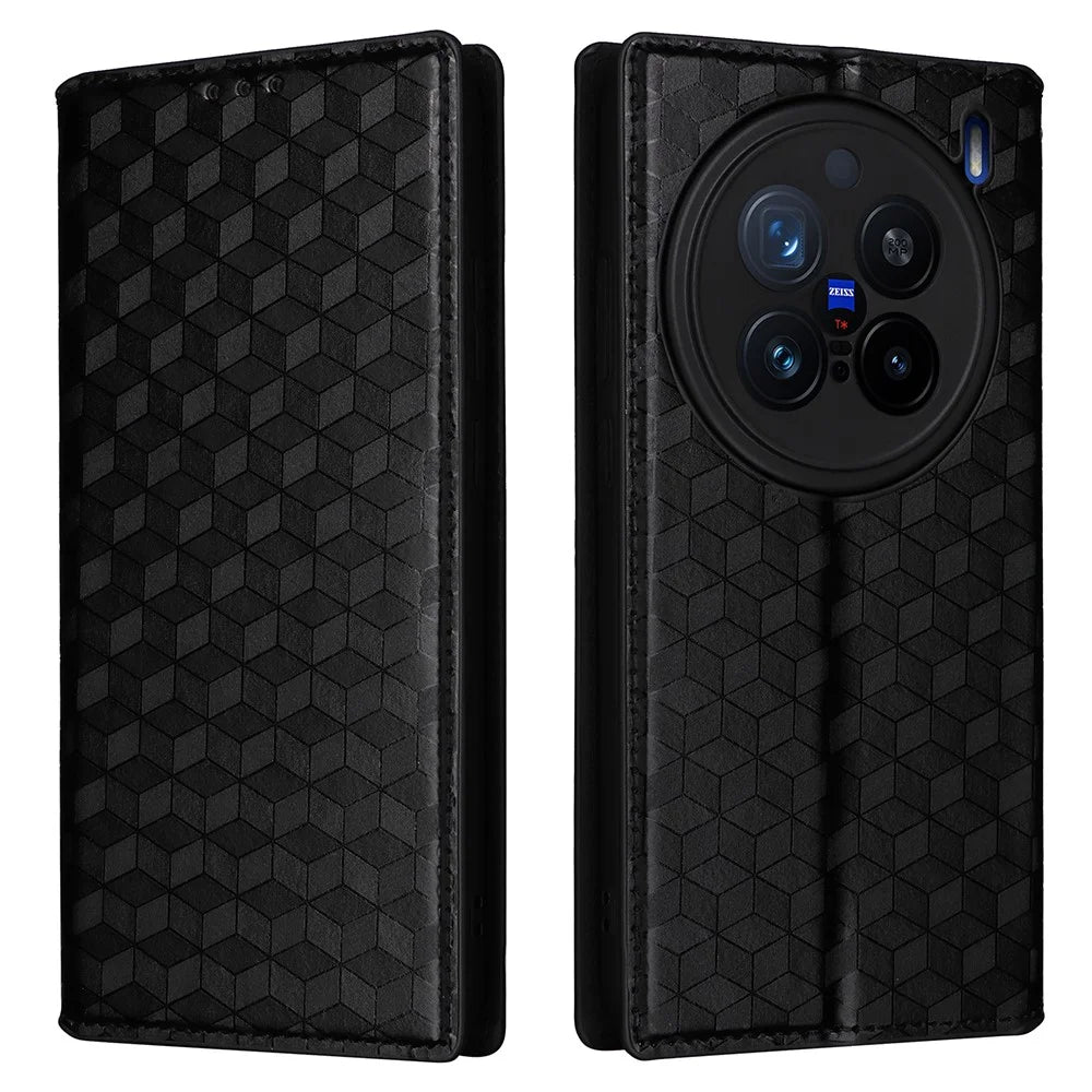 For vivo X200 Pro 5G Wallet Case Rhombus Imprinted Leather Phone Cover - Black - 1