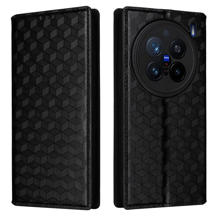 For vivo X200 Pro 5G Wallet Case Rhombus Imprinted Leather Phone Cover - Black - 1