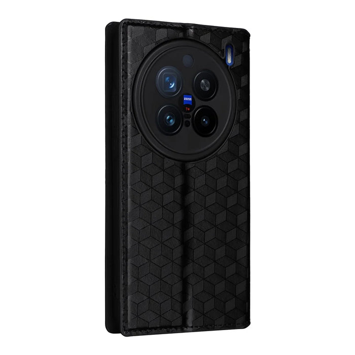 For vivo X200 Pro 5G Wallet Case Rhombus Imprinted Leather Phone Cover - Black - 6