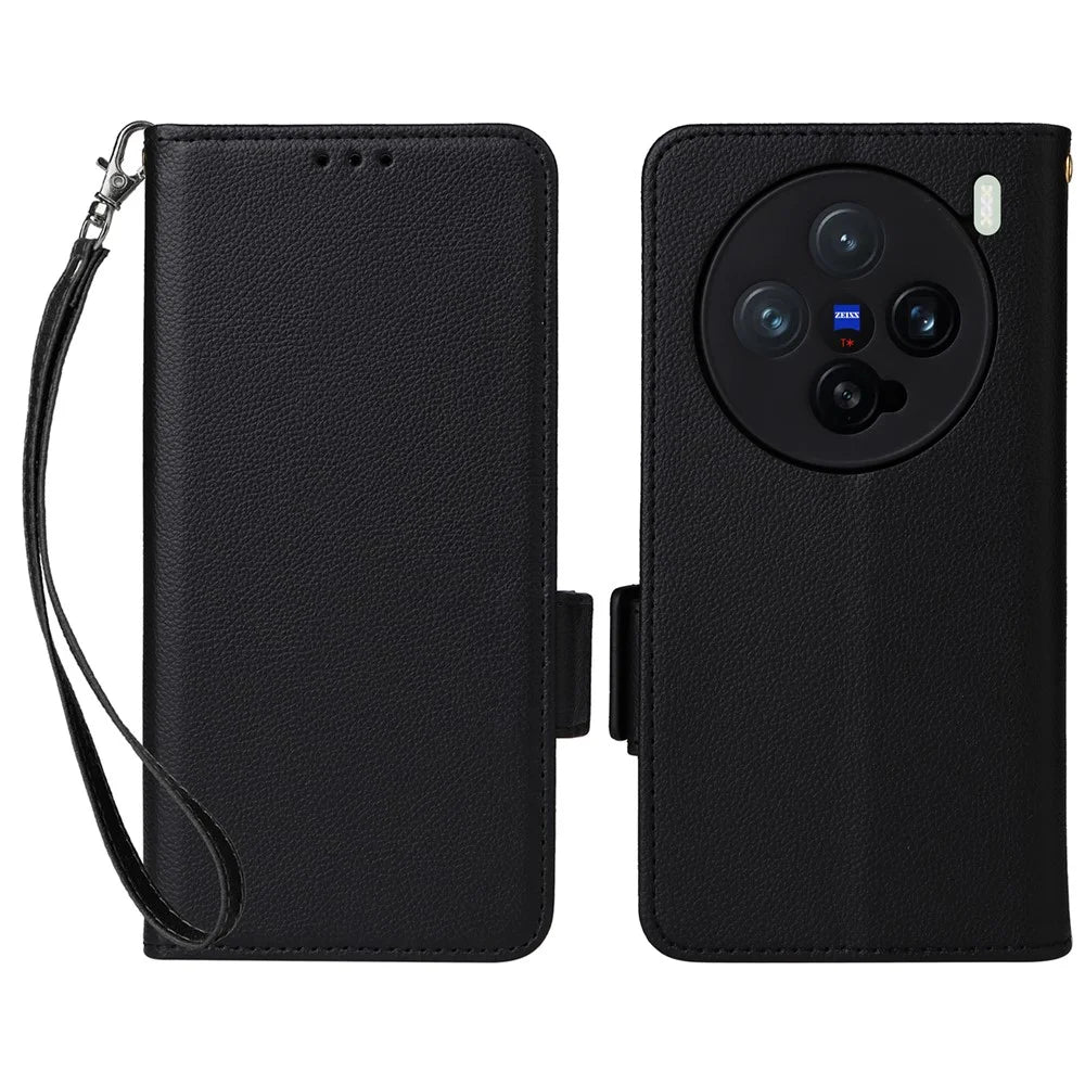 For vivo X200 Pro mini 5G Case with Wrist Strap Litchi Texture PU Leather Wallet Phone Cover - Black - 1