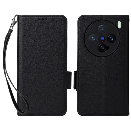 For vivo X200 Pro mini 5G Case with Wrist Strap Litchi Texture PU Leather Wallet Phone Cover - Black - 1