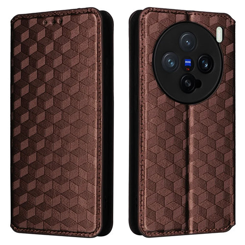 For vivo X200 Pro mini 5G Wallet Case Rhombus Imprinted Leather Phone Cover - Brown - 1