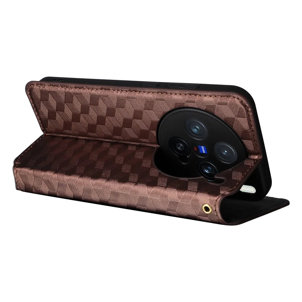 For vivo X200 Pro mini 5G Wallet Case Rhombus Imprinted Leather Phone Cover - Brown - 4