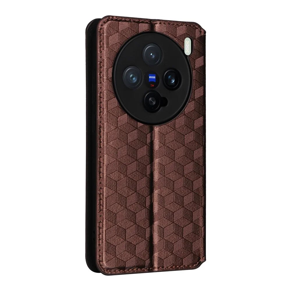 For vivo X200 Pro mini 5G Wallet Case Rhombus Imprinted Leather Phone Cover - Brown - 6