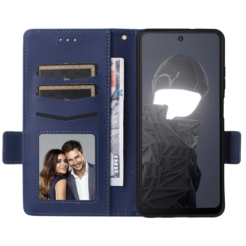 For HMD Fusion 5G Case with Wrist Strap Litchi Texture PU Leather Wallet Phone Cover - Dark Blue - 2