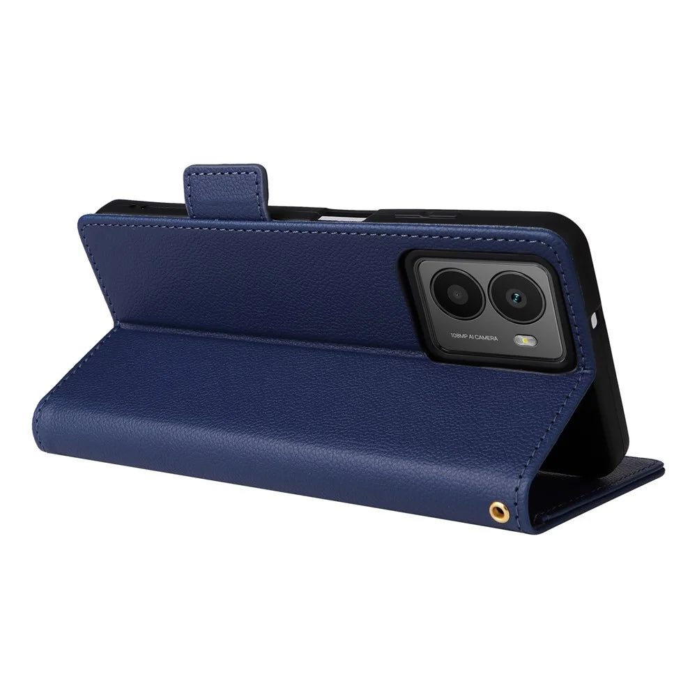For HMD Fusion 5G Case with Wrist Strap Litchi Texture PU Leather Wallet Phone Cover - Dark Blue - 4