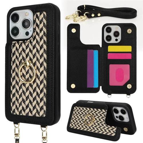 For iPhone 16 Pro Case with Card Holder, Kickstand, RFID Blocking PU+TPU Phone Back Cover - Black - 1