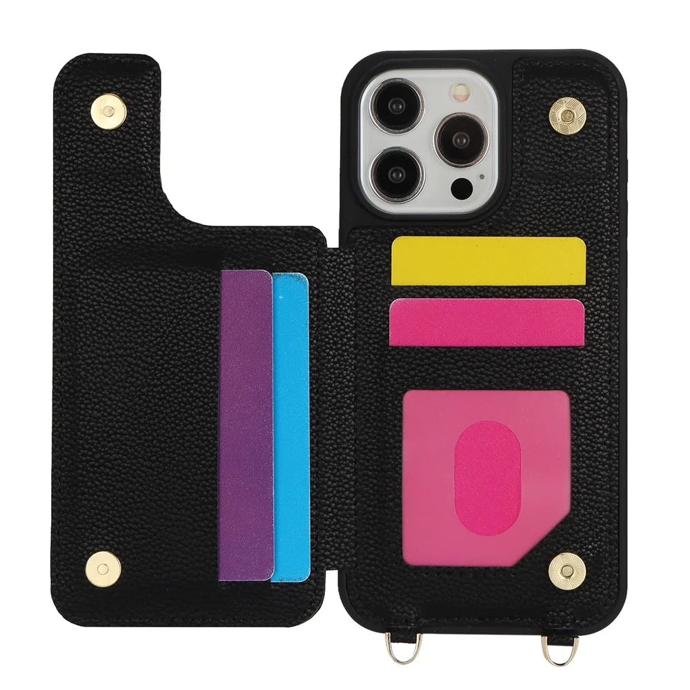 For iPhone 16 Pro Case with Card Holder, Kickstand, RFID Blocking PU+TPU Phone Back Cover - Black - 2