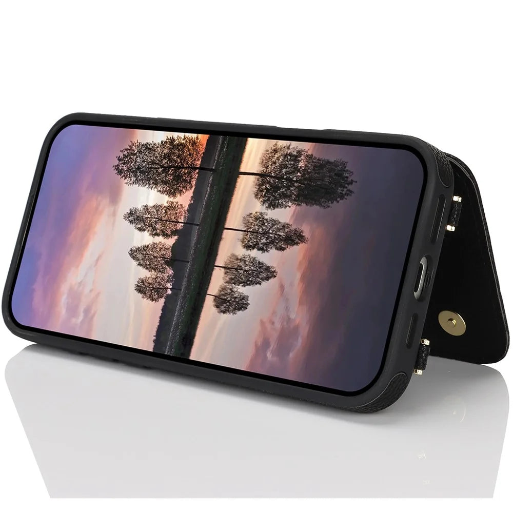 For iPhone 16 Pro Case with Card Holder, Kickstand, RFID Blocking PU+TPU Phone Back Cover - Black - 4