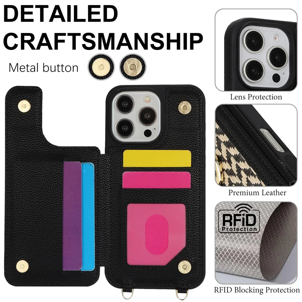 For iPhone 16 Pro Case with Card Holder, Kickstand, RFID Blocking PU+TPU Phone Back Cover - Black - 5