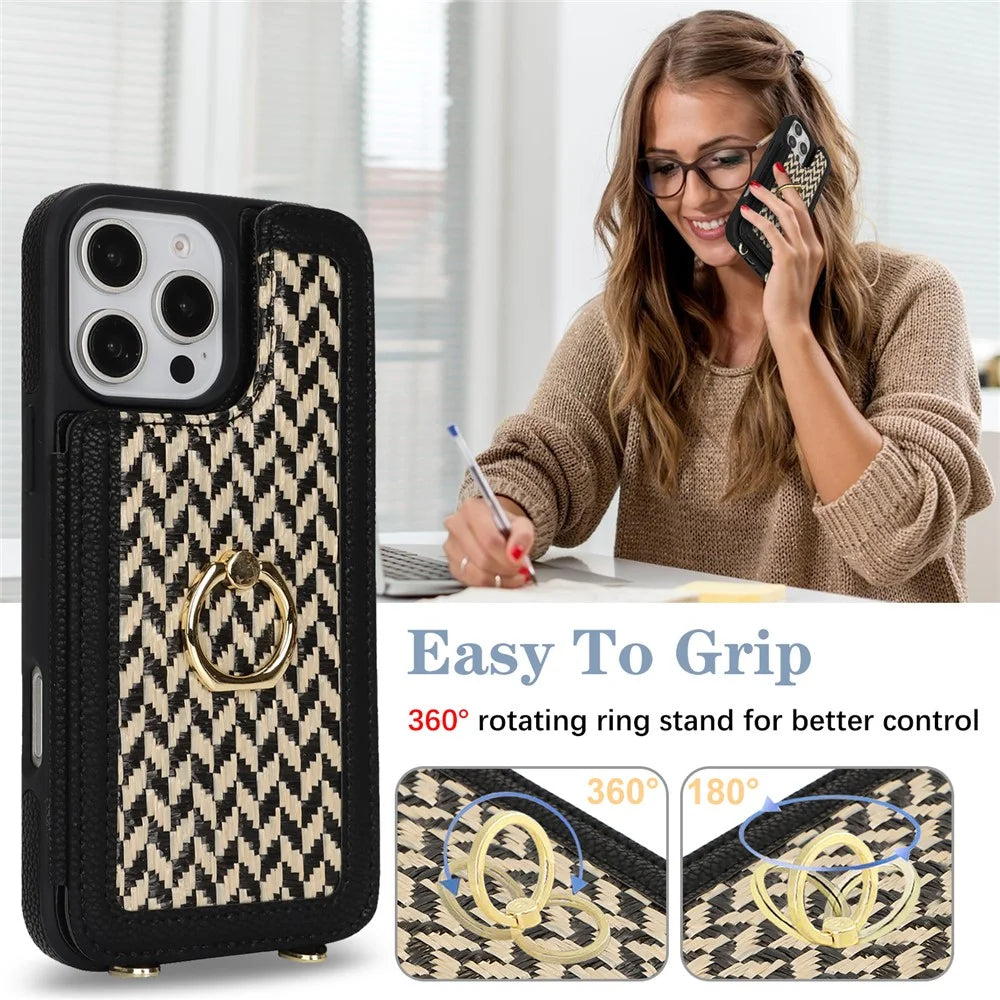 For iPhone 16 Pro Case with Card Holder, Kickstand, RFID Blocking PU+TPU Phone Back Cover - Black - 6