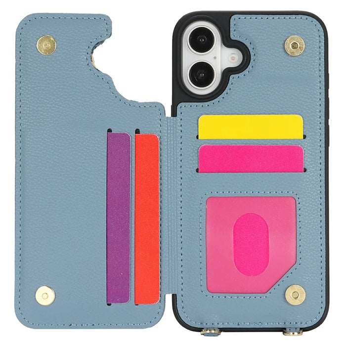 For iPhone 16 Plus Case with Card Holder, Kickstand, RFID Blocking PU+TPU Phone Back Cover - Blue - 2