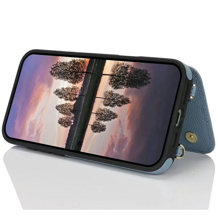 For iPhone 16 Plus Case with Card Holder, Kickstand, RFID Blocking PU+TPU Phone Back Cover - Blue - 3