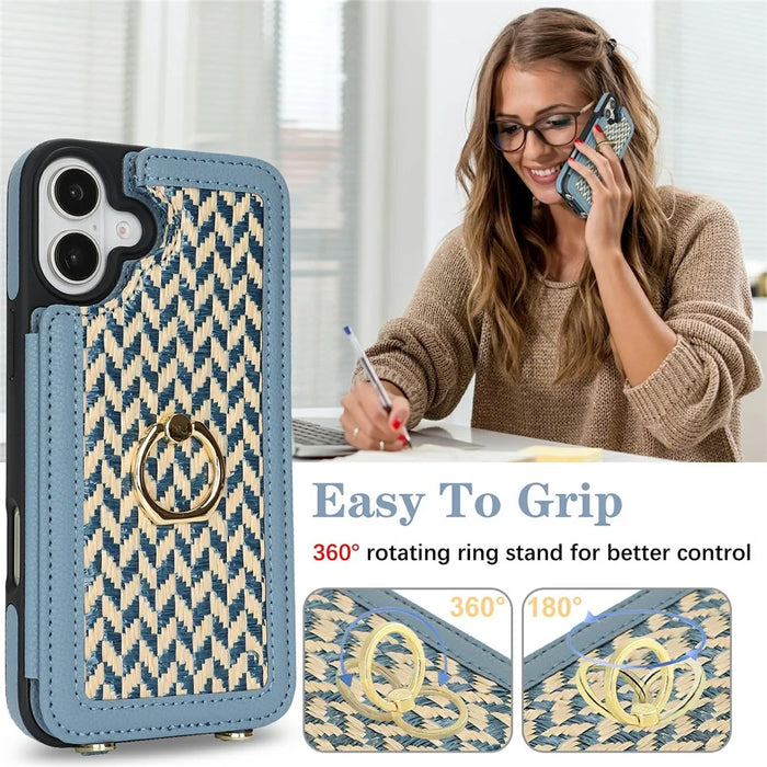 For iPhone 16 Plus Case with Card Holder, Kickstand, RFID Blocking PU+TPU Phone Back Cover - Blue - 6
