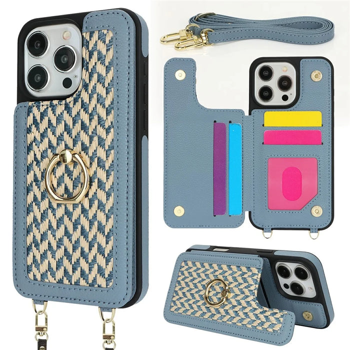 For iPhone 15 Pro Case with Card Holder, Kickstand, RFID Blocking PU+TPU Phone Back Cover - Blue - 1