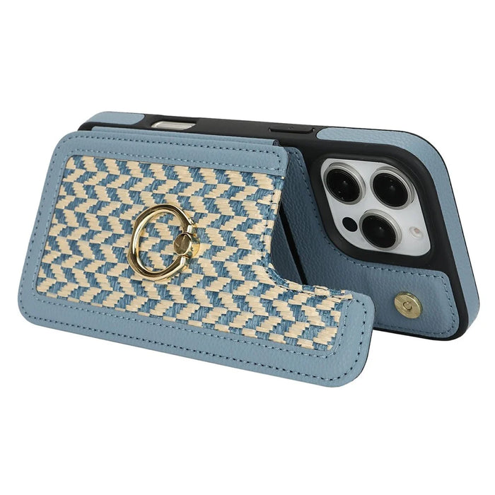 For iPhone 15 Pro Case with Card Holder, Kickstand, RFID Blocking PU+TPU Phone Back Cover - Blue - 3