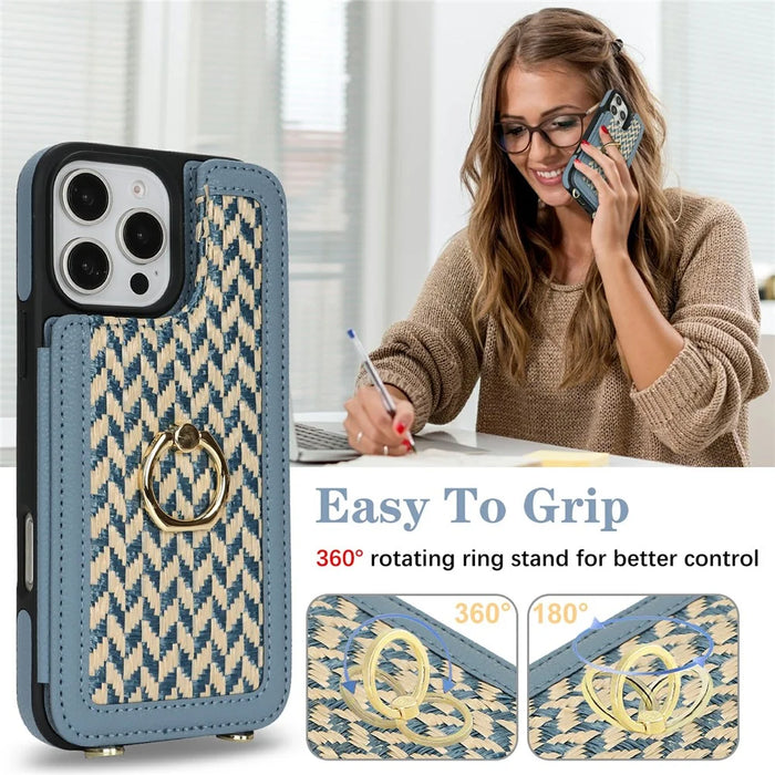 For iPhone 15 Pro Case with Card Holder, Kickstand, RFID Blocking PU+TPU Phone Back Cover - Blue - 6