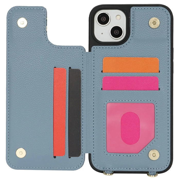 For iPhone 14 Plus  /  15 Plus Case with Card Holder, Kickstand, RFID Blocking PU+TPU Phone Back Cover - Blue - 2