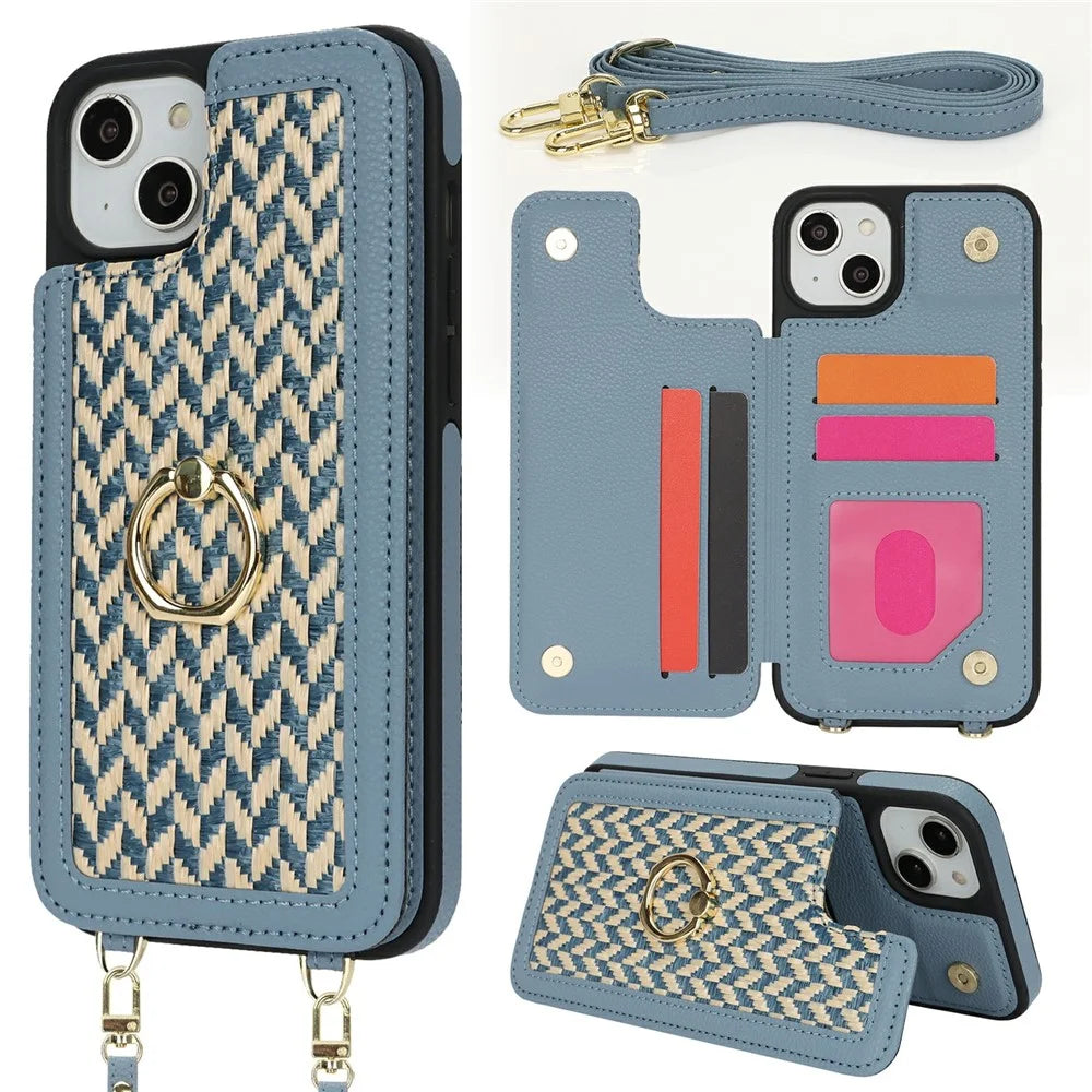 For iPhone 15 Case with Card Holder, Kickstand, RFID Blocking PU+TPU Phone Back Cover - Blue - 1