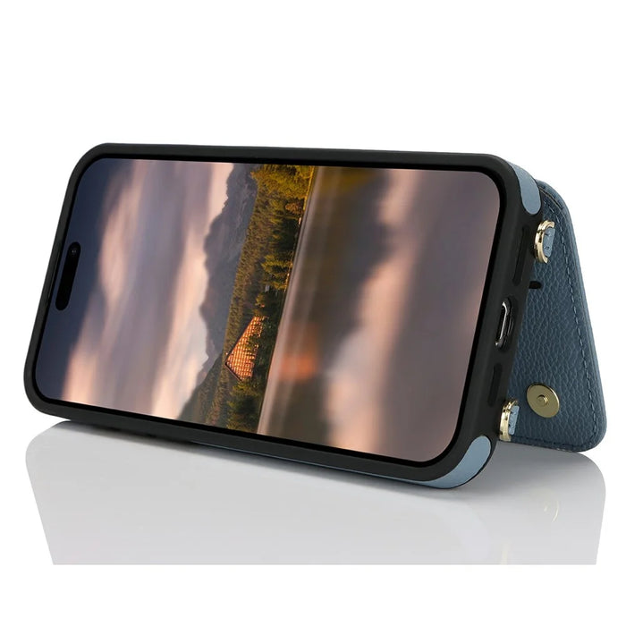For iPhone 15 Case with Card Holder, Kickstand, RFID Blocking PU+TPU Phone Back Cover - Blue - 4