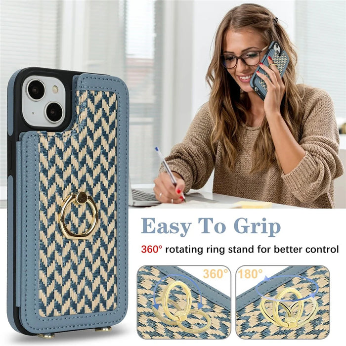 For iPhone 15 Case with Card Holder, Kickstand, RFID Blocking PU+TPU Phone Back Cover - Blue - 6