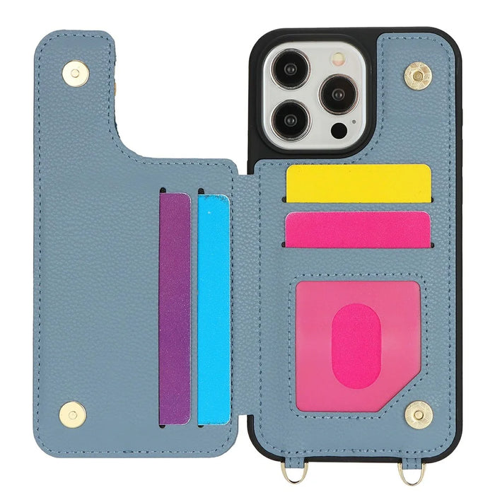 For iPhone 14 Pro Case with Card Holder, Kickstand, RFID Blocking PU+TPU Phone Back Cover - Blue - 2