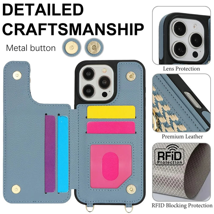 For iPhone 14 Pro Case with Card Holder, Kickstand, RFID Blocking PU+TPU Phone Back Cover - Blue - 5