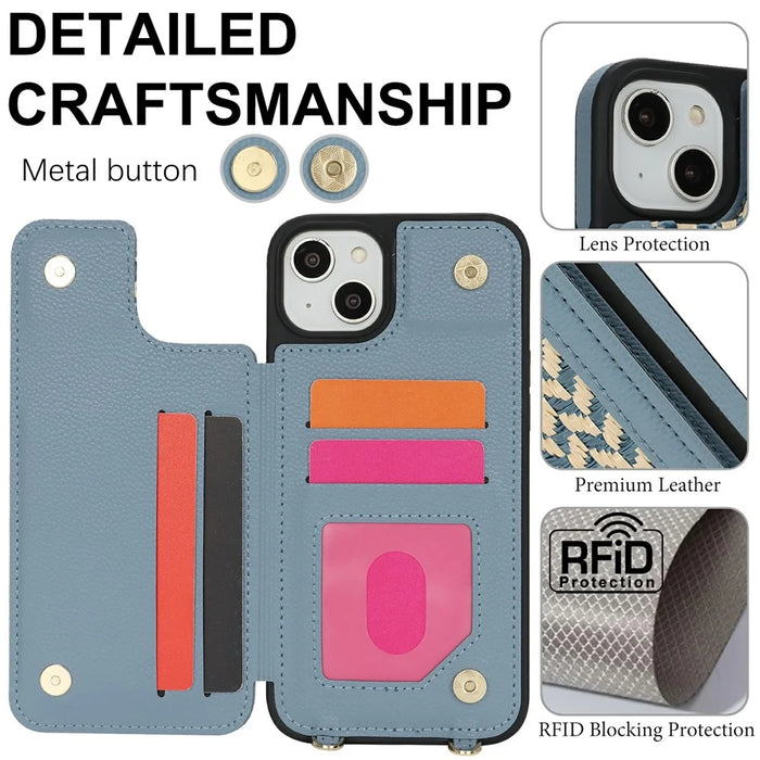 For iPhone 14  /  13 Case with Card Holder, Kickstand, RFID Blocking PU+TPU Phone Back Cover - Blue - 5