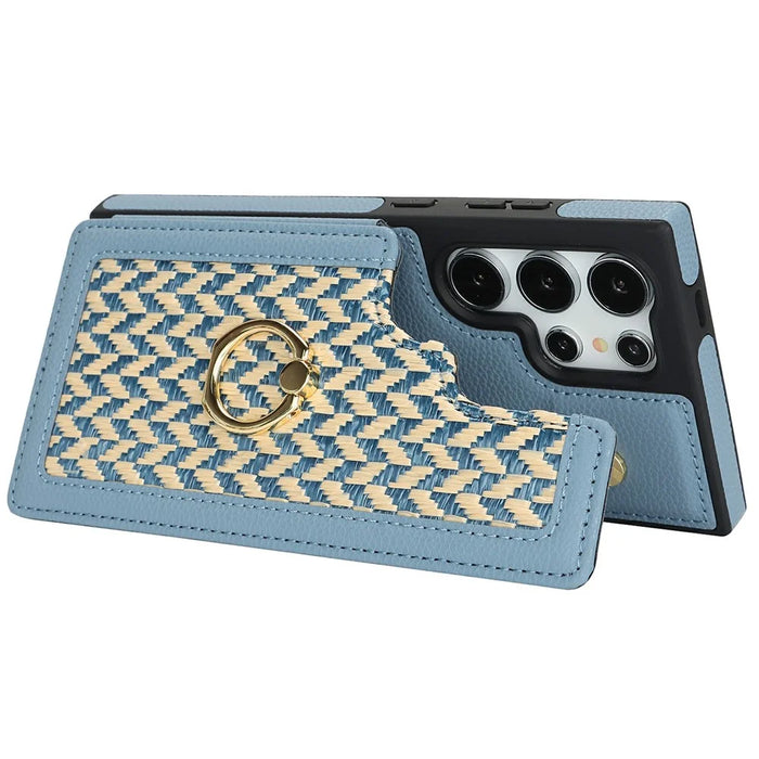 For Samsung Galaxy S24 Ultra Case with Card Holder, Kickstand, RFID Blocking PU+TPU Phone Back Cover - Blue - 3