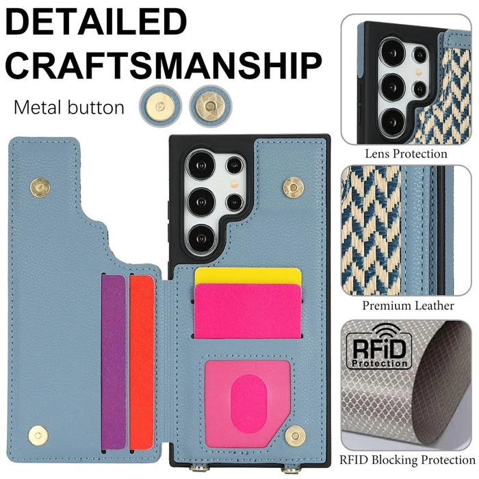 For Samsung Galaxy S24 Ultra Case with Card Holder, Kickstand, RFID Blocking PU+TPU Phone Back Cover - Blue - 5