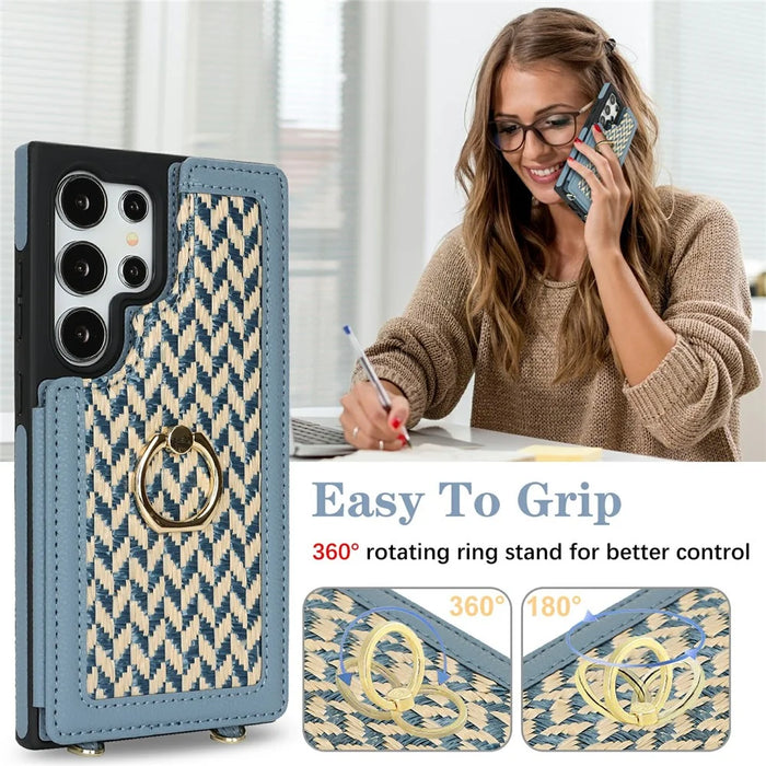 For Samsung Galaxy S24 Ultra Case with Card Holder, Kickstand, RFID Blocking PU+TPU Phone Back Cover - Blue - 6