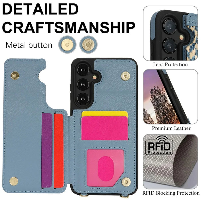 For Samsung Galaxy S24+ Case with Card Holder, Kickstand, RFID Blocking PU+TPU Phone Back Cover - Blue - 5