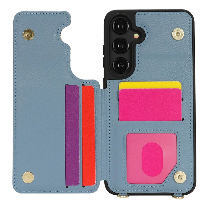 For Samsung Galaxy S24 Case with Card Holder, Kickstand, RFID Blocking PU+TPU Phone Back Cover - Blue - 2