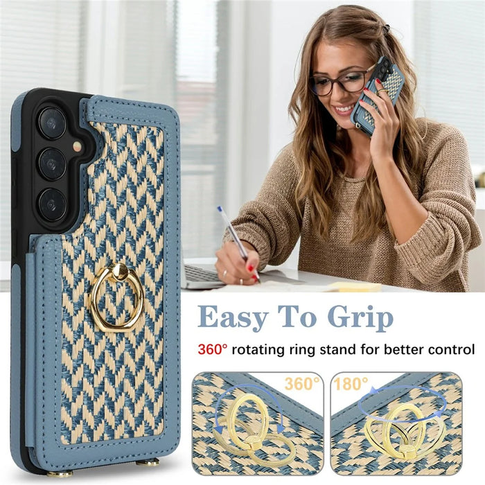 For Samsung Galaxy A35 5G Case with Card Holder, Kickstand, RFID Blocking PU+TPU Phone Back Cover - Blue - 6
