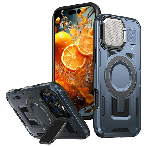 For iPhone 16 Pro Case Compatible with MagSafe Lens Lid Kickstand PC+TPU Back Cover - Blue - 1